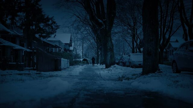 Person Walks In Dark Winter Scene - Isolation Depression Concept