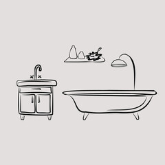 Kitchen, hallway, living room, bedroom. Sofa, armchair, wardrobe, chest of drawers, TV, mirror, floor lamp, chandelier. Part of a set of furniture and interior accessories. Isolated vector objects.