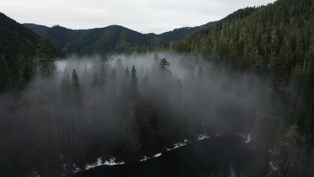 4k Olympic Forest Lake with Fog Cinematic Aerial Drone