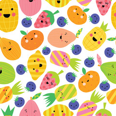 Obraz na płótnie Canvas Cute fruit seamless vector pattern. Repeating Background smiling fruit in cartoon style. Funny kids Kawaii texture with fruit characters. Smiley Lemon Berries Pineapple Strawberry Orange Strawberry.