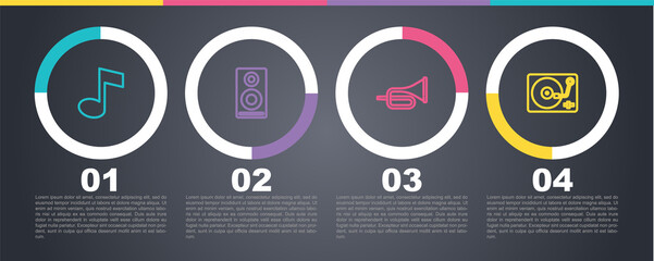 Set line Music note, tone, Stereo speaker, Trumpet and Vinyl player with vinyl disk. Business infographic template. Vector