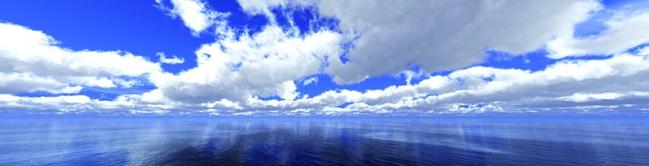 Beautiful clouds above the water surface at sunrise, seascape with clouds, 3D rendering