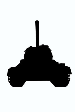 recommend clip art: Illustration of a Soviet tank T-34 in black outline on a white clipping background. Front view