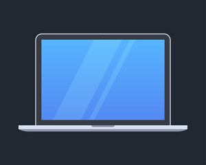 Modern computer laptop with blank screen isolated on dark background. Technology-related device. Simple trendy cute minimal vector cartoon object illustration. Flat style graphic design element icon.