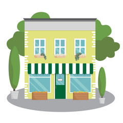 Vector house. Apartment building with residential second floor. Store facade with awning. Street vegetable shop. Flat style illustration. Colorful townhouse icon.