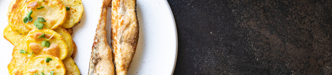 fish and chips potato fried slice garnish baked seafood omega diet meal snack copy space food background rustic top view