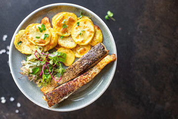 fish and chips potato fried slice garnish baked seafood omega diet meal snack copy space food...