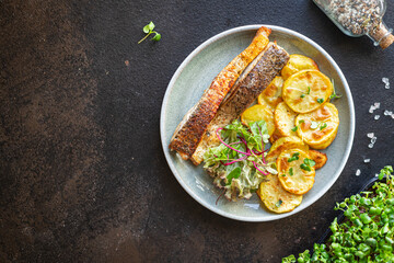 fish and chips potato fried slice garnish baked seafood omega diet meal snack copy space food background rustic top view