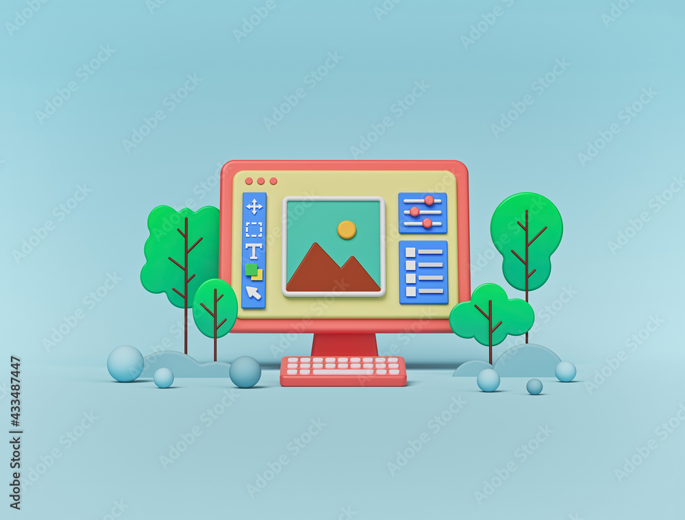 Fototapete photo editing software on computer monitor. minimal abstract background. 3d rendering