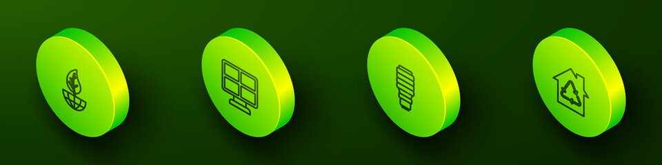 Set Isometric line Earth globe and leaf, Solar energy panel, LED light bulb and Eco House with recycling icon. Vector