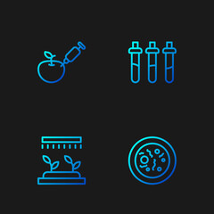 Set line Petri dish with bacteria, Automatic irrigation sprinklers, Genetically modified apple and Reagent bottle. Gradient color icons. Vector