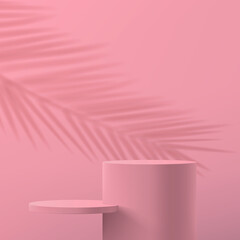 3d minimalistic abstract scene in pastel pink colors. Banner with empty cylindrical podiums for product demonstration, cosmetics, advertising mockup.