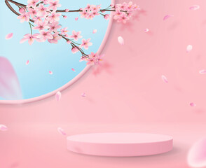 Minimalistic abstract background with window and cherry flowers and empty pedestal in pastel pink colors. Realistic podium to showcase product and cosmetics.