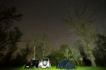 Fototapeta na wymiar car touristic camp in night forest under a starry sky, night travel background