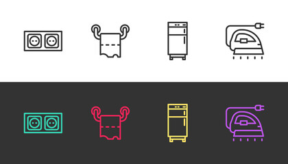 Set line Electrical outlet, Toilet paper roll, Refrigerator and iron on black and white. Vector