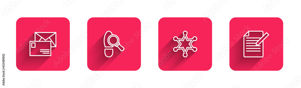 Poster Set line Envelope, Footsteps, Hexagram sheriff and Document and pen with long shadow. Red square button. Vector