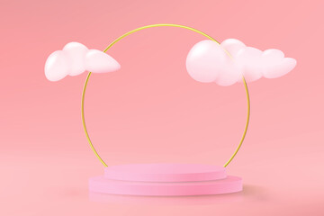 Vector realistic pink 3d background with empty podium for product demonstration with clouds and golden ring in minimal style.