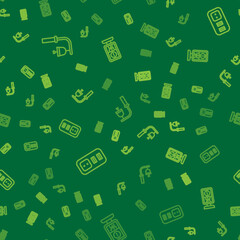 Set line Train station bell, Electrical outlet and Information stand on seamless pattern. Vector