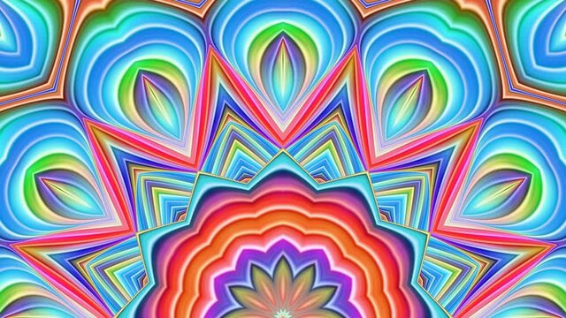 Multicolor shapes spreading from bottom of semicircle and making patterns with flowers, waves, stars, hearts. Abstract background pulsating, changing colors and elements. 4K UHD 4096x2304