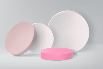 3d illustration in pastel colors with an empty podium for product demonstration with realistic circles on the background. Open showcase for displaying cosmetics and other goods.