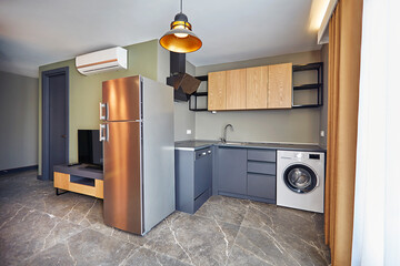 Kitchen and interior design for home office hotel with gray marble floor