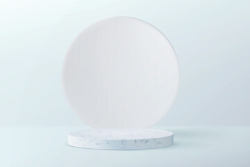 Minimalistic abstract stage with an empty pedestal. Realistic geometric shapes on a light background with a cylinder for the demonstration of cosmetic products.