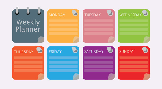 Multicolored vector schedule. Weekly planner template for companies and private use. Info graphic organizer or Weekly routine agenda sheet