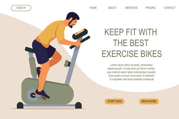 Sporty man on exercise bike. Web page design for sports activities, Active lifestyle. Workout at home or in gym. Cardio workout concept. Vector illustration for poster, banner, placard, website