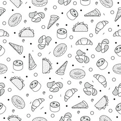 Abstract Doodle Seamless Pattern Hand Drawn Fast Food Elements Vector Design Style Background Illustration Icons