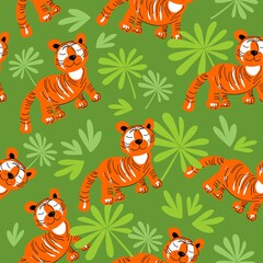 Seamless pattern with tigers. Cartoon tigers for textiles, wallpaper. Vector hand-drawn tiger background 