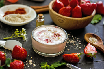 Homemade strawberry face mask with oatmeal and cream on a dark background. Concept of natural handmade cosmetics