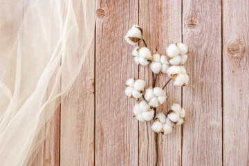 Top view of cotton branch on wooden table with tulle fabric on the left
