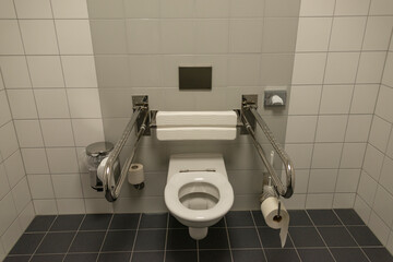 Modern toilet for disabled wheelchaired people in Germany, closeup, details