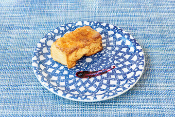 Typical torrija for Spanish Easter dessert made with bread, milk, cinnamon and sugar