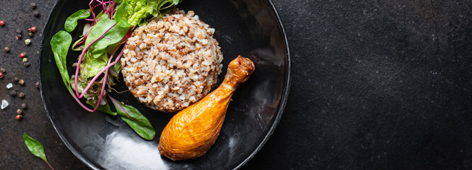 buckwheat chicken leg salad porridge leaves green lettuce mix fresh healthy appetizer diet meal snack copy space food background rustic. top view keto or paleo diet