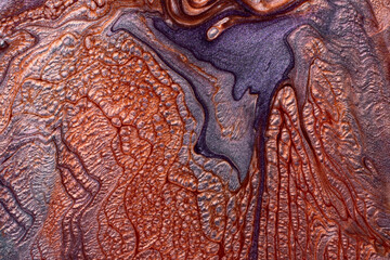 Textured stains of liquid nail polish,fluid art technique.Blue ad orange colors.Shimmer marble background.Nail lacquer flow modern backdrop. Minimalism concept.Copy space,horizontal photo.