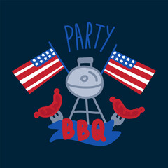 Happy Independence Day on July 4. National holiday celebration BBQ party. Postcard in the colors of the flag of America in the style of Doodle. Vector illustration