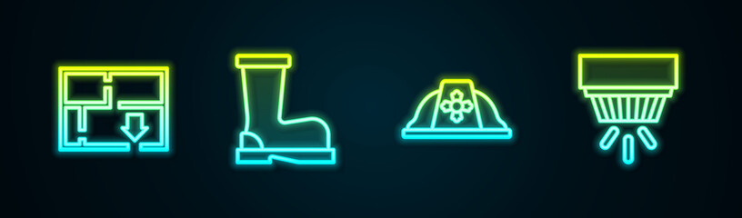 Set line Evacuation plan, Fire boots, Firefighter helmet and Smoke alarm system. Glowing neon icon. Vector