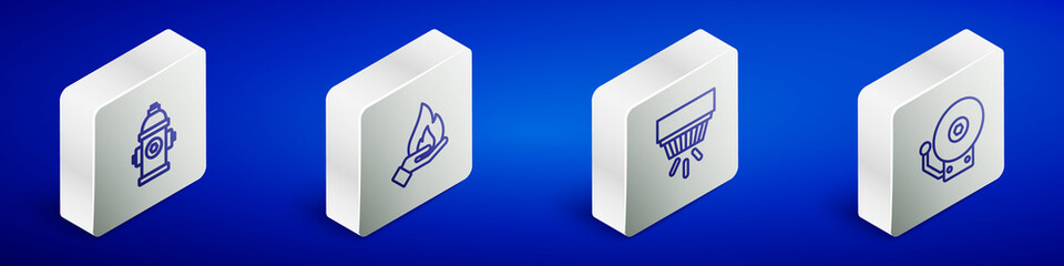 Set Isometric line Fire hydrant, Hand holding fire, Smoke alarm system and Ringing bell icon. Vector