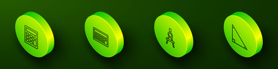 Set Isometric line Calculator, , Drawing compass and Triangle math icon. Vector