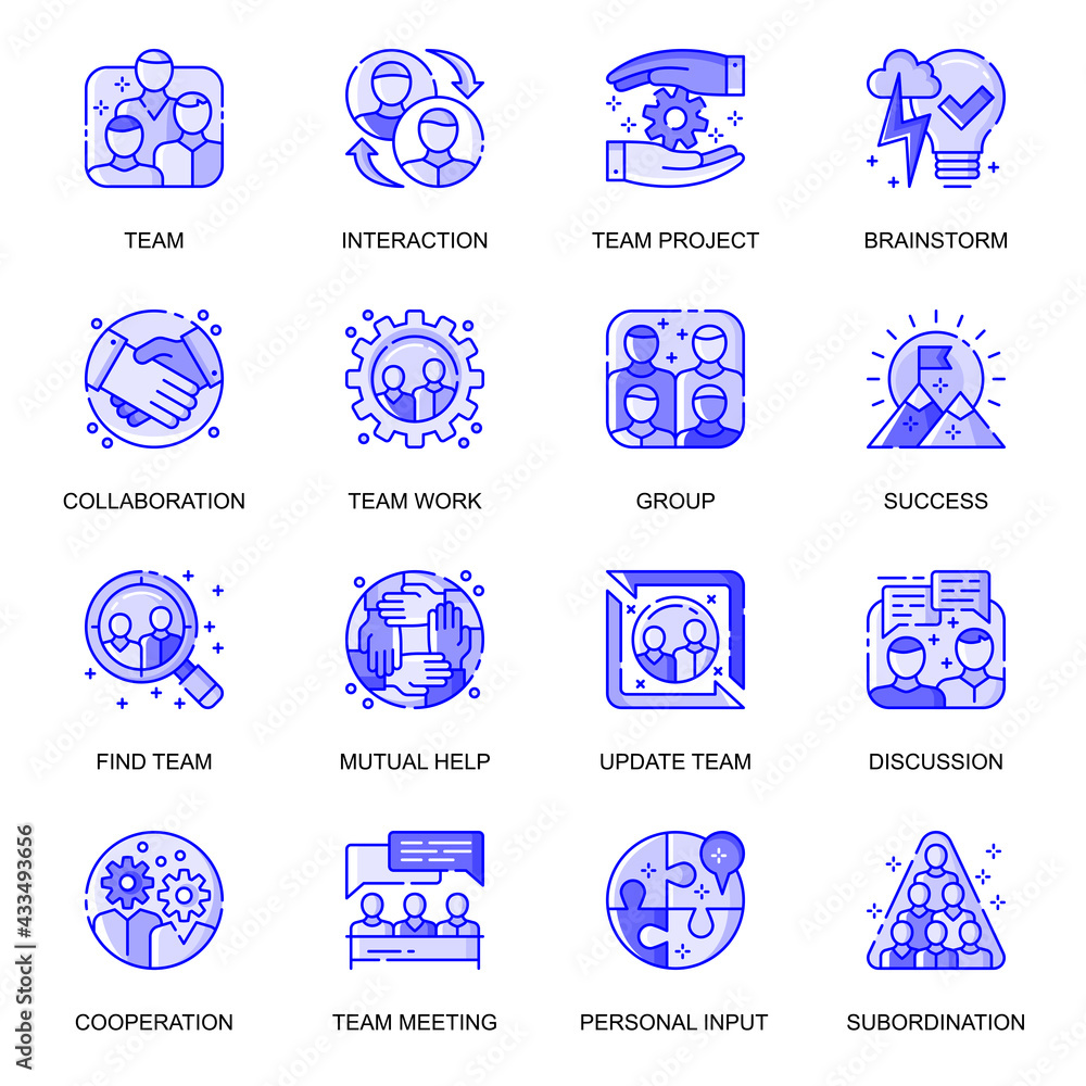 Poster Teamwork web flat line icons set. Pack outline pictogram of team project, brainstorm, collaboration and cooperation at office concept. Vector illustration of symbols for website mobile app design