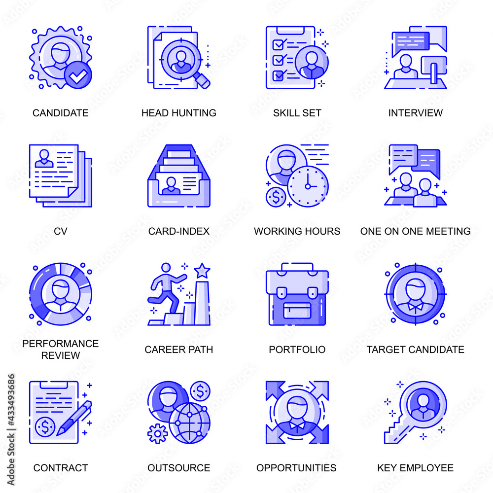 Poster head hunting web flat line icons set. pack outline pictogram of candidate interview, career path, op