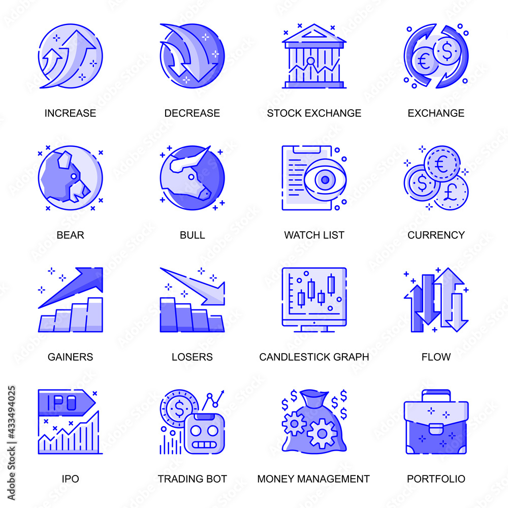 Poster Stock Quotes web flat line icons set. Pack outline pictogram of increase and decrease, finance, bear and bull, trading graphs concept. Vector illustration of symbols for website mobile app design