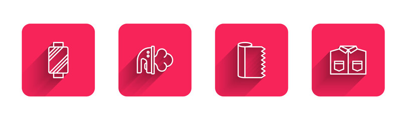 Set line Sewing thread on spool, Electric iron, Textile fabric roll and Shirt with long shadow. Red square button. Vector