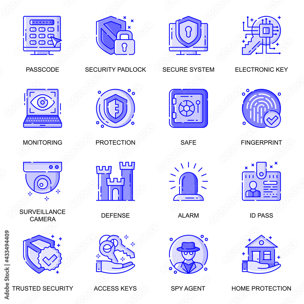 Poster security web flat line icons set. pack outline pictogram of secure system, monitoring, protection, c