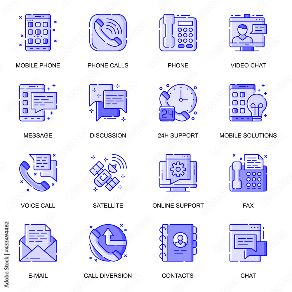 Poster communication web flat line icons set. pack outline pictogram of phone calls, video chat, message, 2