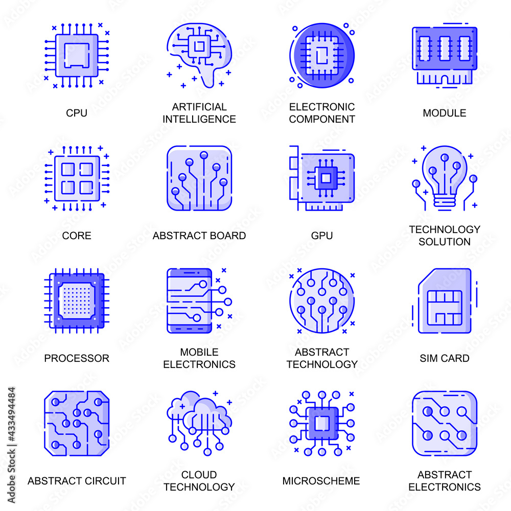 Poster Electronics web flat line icons set. Pack outline pictogram of artificial intelligence, abstract board, computer circuit, sim card concept. Vector illustration of symbols for website mobile app design