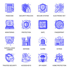 Security web flat line icons set. Pack outline pictogram of secure system, monitoring, protection, camera surveillance, safety concept. Vector illustration of symbols for website mobile app design