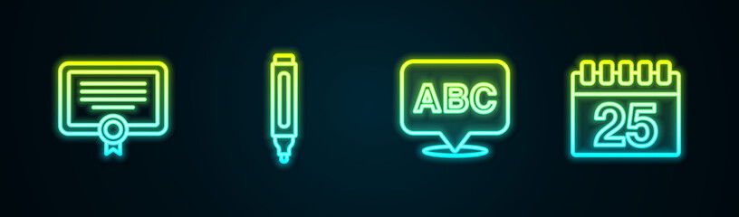 Set line Certificate template, Marker pen, Alphabet and Calendar. Glowing neon icon. Vector