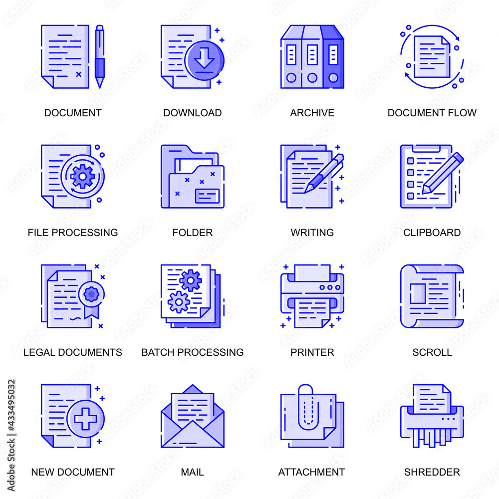 Aufkleber Document web flat line icons set. Pack outline pictogram of download, archive, file processing, writing, attachment file, shredder concept. Vector illustration of symbols for website mobile app design